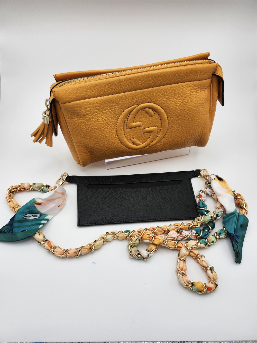Gucci Soho Cosmetic Clutch Bag Yellow/Orange Leather W Chain & Cert Of Authen - Picture 13 of 16